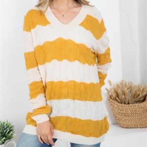 S  MUSTARD WHITE STRIPES V-NECKLINE KNITTED PULLOVER SWEATER TOP